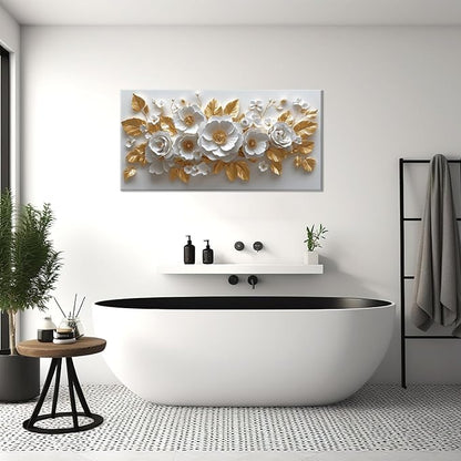 IDAFU Flower Wall Art White Foral and Golden Leaves Wall-décor White Wall Art Floral Painting Pictures for Living Room Bathroom Bedroom Kitchen Office Cuadros Decorativos Para Sala Decor 40L x 20W