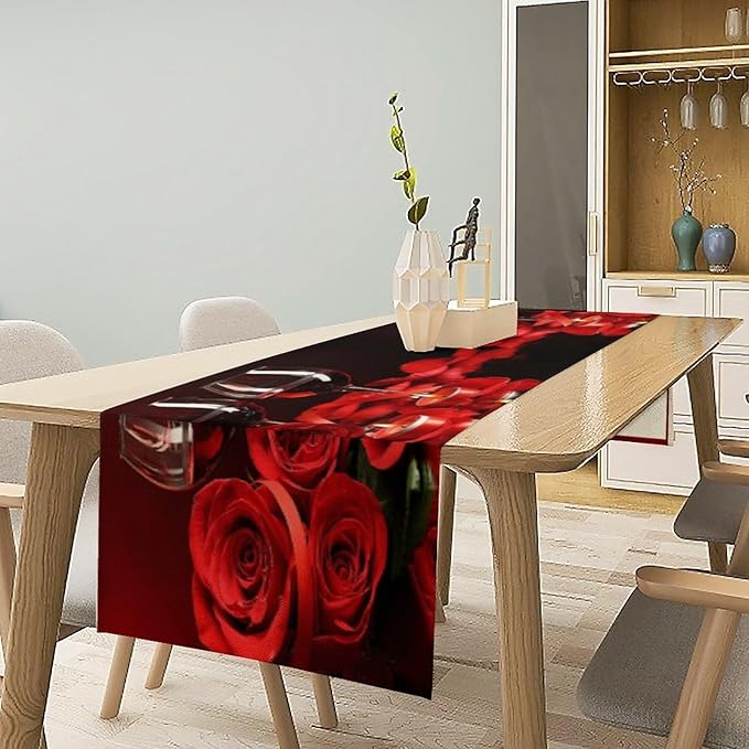 Red Wine Rose Table Runner Romantic Festival Candle Red Rose Dinner Runner for Farmhouse Cabin Home Kitchen Dining Holiday Wedding Party Decor 13x36in