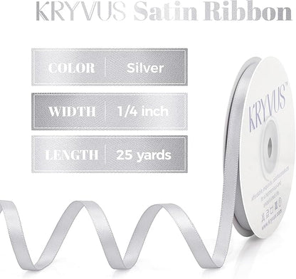 Silver Satin Ribbon, Double Faced 1/4 Inch X 25 Yards Silver Ribbon, Premium Satin Ribbon for Gift Wrapping, Crafts, Hair Bow Making, Sewing, Flower Bouquet, Wedding Party Decor