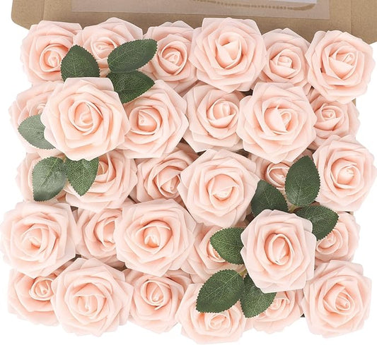 MACTING Artificial Flower Roses 30PCS Real Touch Fake Flowers with Stem Foam Roses for DIY Wedding Bouquet Table Centerpieces Party Baby Shower Valentines Day Gifts Spring Decorations,Champagne