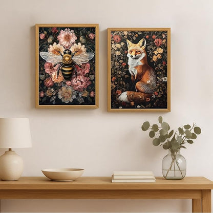 LLEEMPI William Morris Wall Art, Vintage Bee Floral Wall Decor, Insect Flower Canvas Painting, Abstract Nature Botanical Poster Print for Living Room Bedroom Kid Room Hallway Wood Framed 16x24 inch