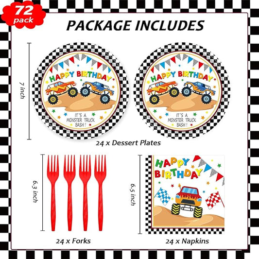 72Pcs Racing Car Party Plates and Napkins Monster Truck Birthday Party Supplies Disposable Checkered Race Tableware Set for Boys Birthday Wheel Sports Baby Shower Decorations Serves 24