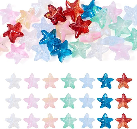 28Pcs 14mm Glass Star Beads Colorful Crystal Star Beads Ocean Animal Starfish Spacer Bead Five-Pointed Pentagram Bead for DIY Crafts Earring Lanyard Necklace Bracelet Jewelry Making