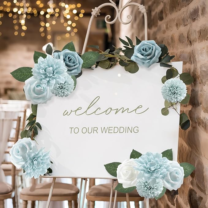 Artificial Flowers Combo Box Set Gradient Color Flower Leaf with Stems for DIY Wedding Bouquets Centerpieces Baby Shower Party Home Decorations(Dusty Blue)