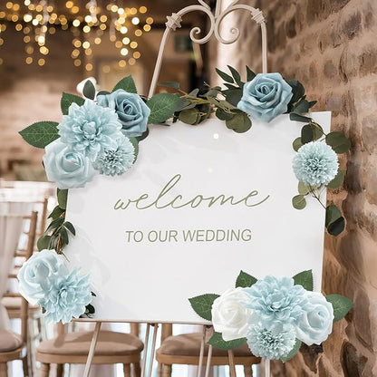 Artificial Flowers Combo Box Set Gradient Color Flower Leaf with Stems for DIY Wedding Bouquets Centerpieces Baby Shower Party Home Decorations(Dusty Blue)