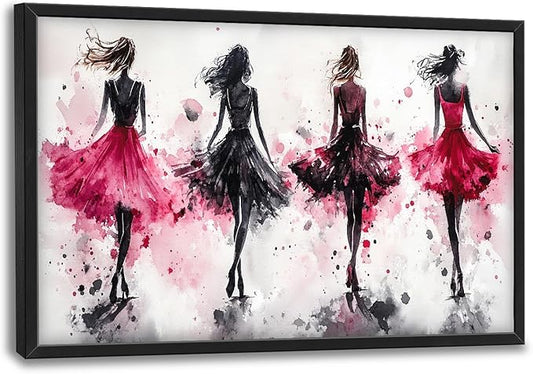 Fashion Woman Large Wall Art Watercolor Girl Pictures Wall Decor Pink Canvas Female Print Painting Modern Artwork Home Decoration for Living Room Bathroom Bedroom Office Framed 36"x24"