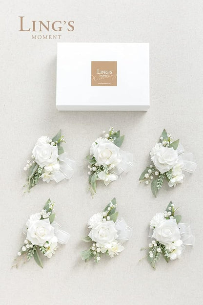 Ling's moment 6pcs Wedding Wrist Corsage Artificial Flowers, Girl/Mother Homecoming Prom Corsages Wristlet Décor, etc. Snow White