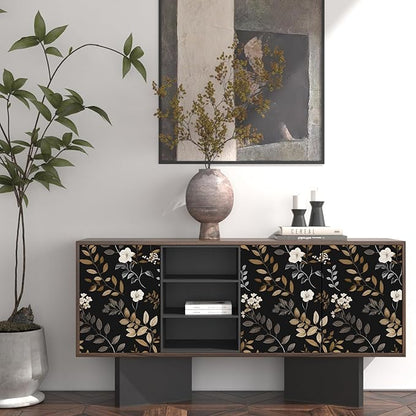 Vintage Wallpaper Peel and Stick Black Floral Wall paper 17.5'' x 393'' Gold Leaf Contact Paper Waterproof Self Adhesive Removable Modern Boho Walls Murals for Bedroom Cabinets Kitchen Locker Drawer