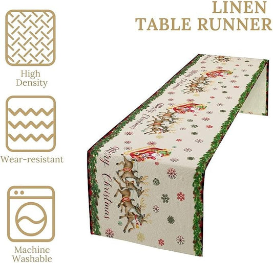 Christmas Table Runner,Xmas Deer Cute Santa Claus Red Plaid Pattern Printed Tablecloth Burlap for Hotel Indoors Outdoor Dining Room Kitchen Home Decor,W13X L36 in