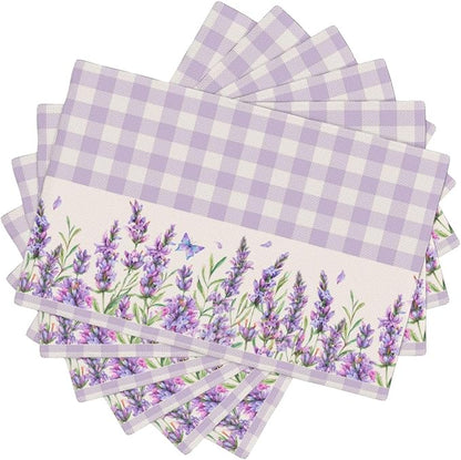 Flowers Leaves Spring Placemats Set of 4,Purple Plaid Background Flower Seasonal Table Mats for Party Kitchen Dining Decoration 6 PCS