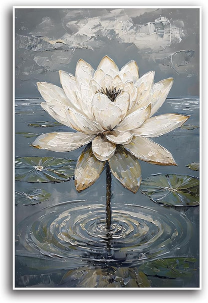 Stunning white lotus emerges from prismatic water with delicate petals background Serene aquatic wall art suitable for modern minimalist decor 20x30in Frameless