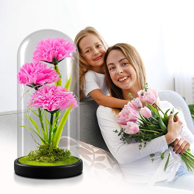 QUELIEN Christmas Carnation Flowers Gifts for Mom,Pink Artificial Carnation in Glass Dome with Led Light for Mother's Day,Birthday,Christmas (Pink)