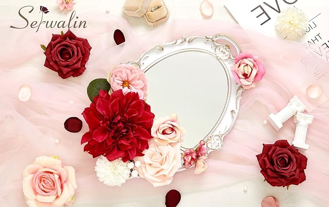Serwalin Burgundy Hot Pink Artificial Flowers Silk Flowers Fake Cake Flowers Arrangements for DIY Wedding Bouquets Party Table Centerpieces Home Decorations Indoor Outdoor