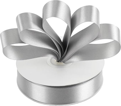 MEEDEE Silver Ribbon 1 Inch Silver Satin Ribbon Lux Double Faced Satin Ribbons by 50 Yards Polyester Wrapping Ribbons for Crafts, Weddings, Flower Bouquet, Holiday Decorating