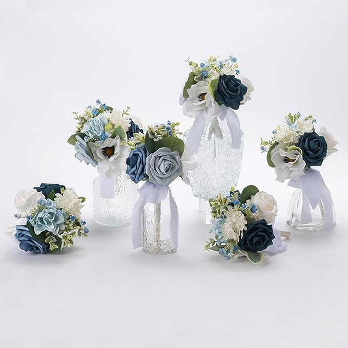 Meldel Blue Wedding Bouquet Set of 6, Mini Bridesmaid Bride Bouquets, Small Bridal Flowers, Fake Flower Artificial Floral Wedding Centerpieces Decor Party Prom