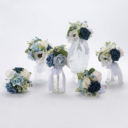 Meldel Blue Wedding Bouquet Set of 6, Mini Bridesmaid Bride Bouquets, Small Bridal Flowers, Fake Flower Artificial Floral Wedding Centerpieces Decor Party Prom