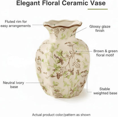 5.9-Inch Green & Brown Rustic Vintage Ceramic Vase, Aesthetic Farmhouse Pottery Decor for Living Room, Dining Room, Bookshelf & Office