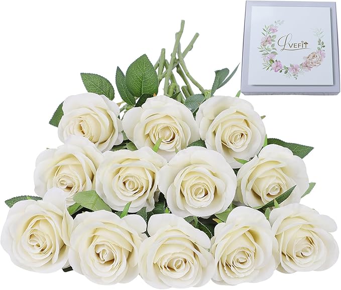 Artificial Rose Flower Artificial Flowers Flower with Long Stem Silk Roses Bouquet for Wedding Bridal Shower Party Home Decoration (Beige, 12 Pcs)