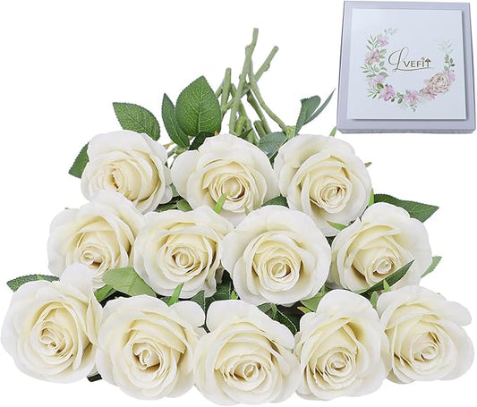 Artificial Rose Flower Artificial Flowers Flower with Long Stem Silk Roses Bouquet for Wedding Bridal Shower Party Home Decoration (Beige, 12 Pcs)