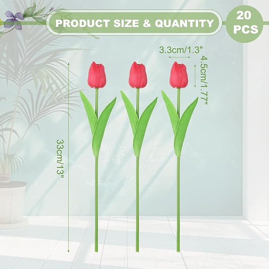 uxcell 20pcs Tulips Artificial Flowers, Faux Flowers Silk Fake Tulip Stems Real Touch for Wedding Bouquet Centerpiece Table Party Decoration(Dark Red)