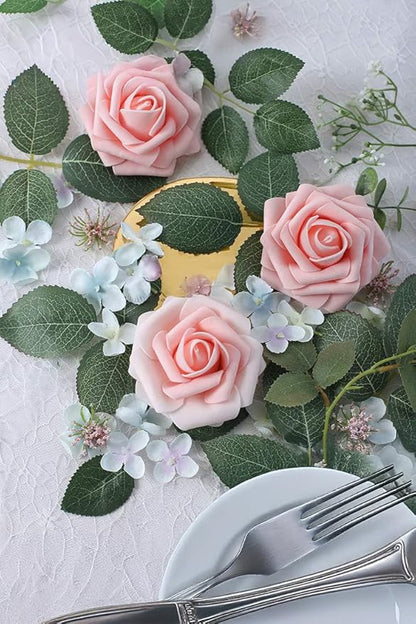 Blush Pink Artificial Roses 25pcs, Real Looking Fake Flowers with Stems for DIY Wedding Centerpieces, Bridal Shower, Party, Valentine's Day Gift, Home Decor