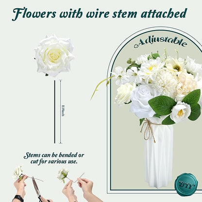 Artificial Flowers Combo Box, Fake Silk Foam Flower Mix with Wire Stem, DIY Wedding Bridal Bouquet Shower Party Home Décor (30-40 Pieces) (White)