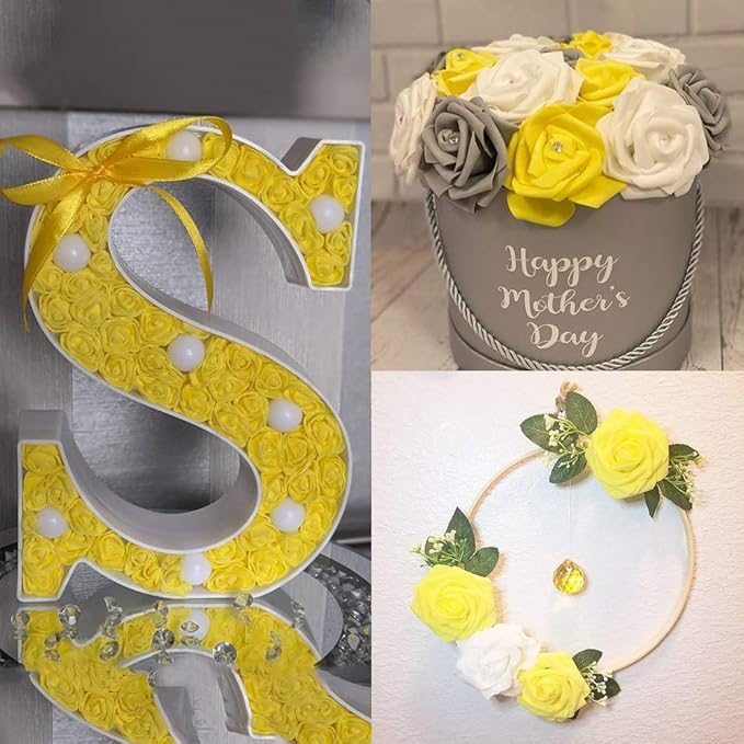 IPOPU 100 Pcs Artificial Rose Flower Heads Real Looking Yellow Foam Fake Roses for DIY Wedding Baby Shower Centerpieces Arrangements Party Tables Home Decorations (Yellow 1, Stemless)