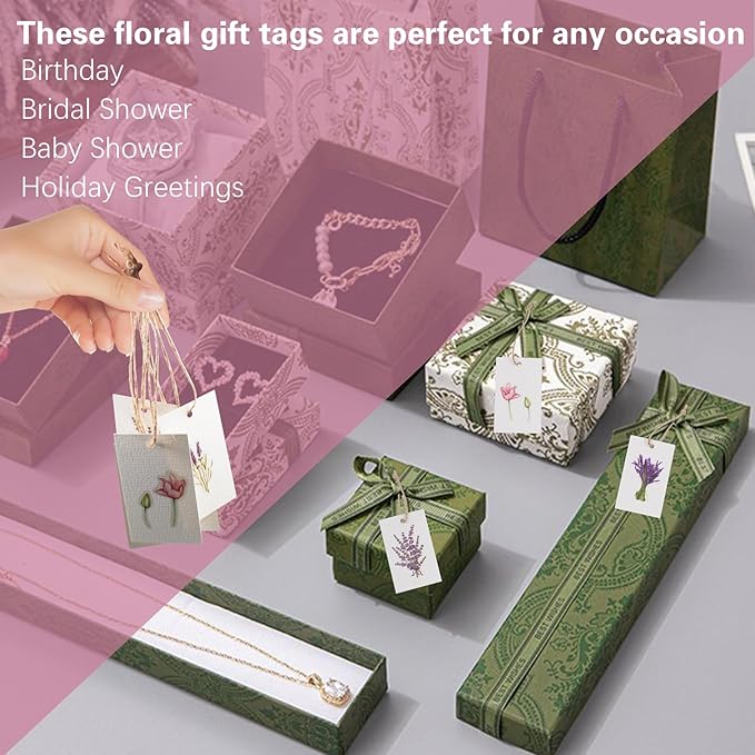 100 Pcs Blank Gift Tags with Floral Stickers and Jute Rope, 2 x 3 in Elegant Watercolor Floral Theme 5 Flower Designs DIY Gift Tags for Wedding Christmas Party Favor Bridal Shower Birthday