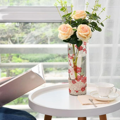 Flower Vase for Centerpieces, Plum Blossoms Flower Red Plastic Cylinder Vase, Clear Bud Vases for Home Wedding Office Table Decor