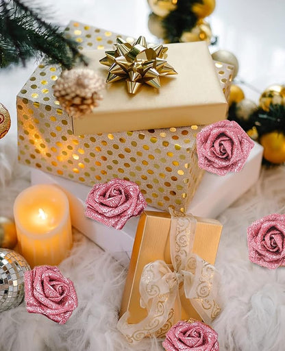 IPOPU Glitter Rose Bouquet,25PCS Sparkle Fake Roses Artificial Flowers Artificial Roses with Stems for Cake Wedding Bouquet Home Party Decoration(Salmon)