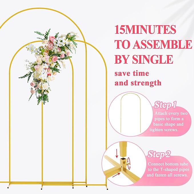 Wokceer Wedding Arch Backdrop Stand (7.2FT,6FT,6FT) Set of 3 Gold Metal Wedding Arch Stand for Birthday Party Wedding Ceremony Baby Shower Garden Balloon Arch Decoration