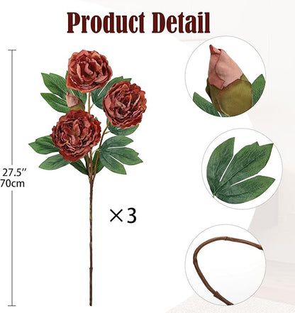Briful 3 Pack Artificial Peony Flower 27.5" Tall Brick Red Silk Peonies Floral Stems Real Touch Faux Peony Flower for Wedding Bouquets Home Floral Arrangements Table Centerpieces DIY Décor