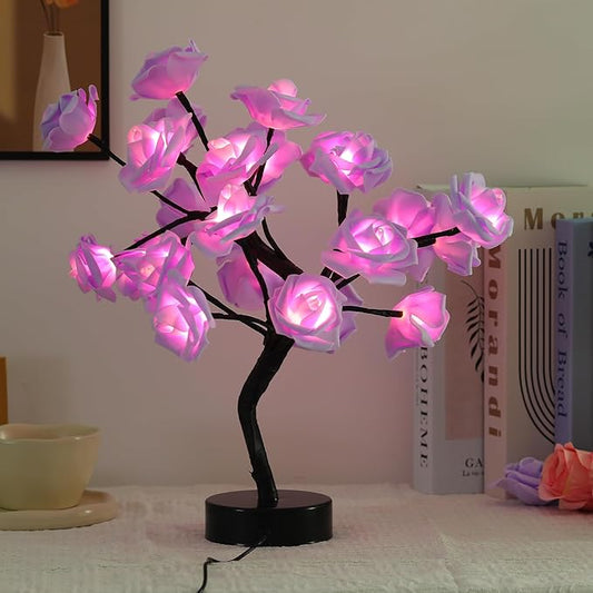 Drawelry Rose Flower Tree Lamp - LED Rose Tree Table Lamp USB/Battery Powered Artificial Bonsai Flower Night Light for Bedroom Living Room Party Wedding Birthday Decor (Purple)