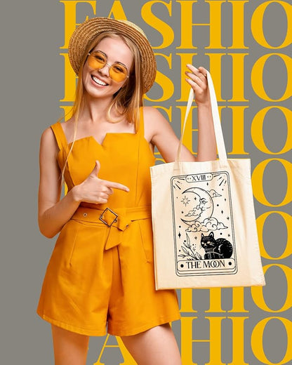 AUSVKAI Canvas Tote Bag Aesthetic for Women, Cute Sun Moon Cotton Totes Bag for Grocery Beach Shopping Gifts