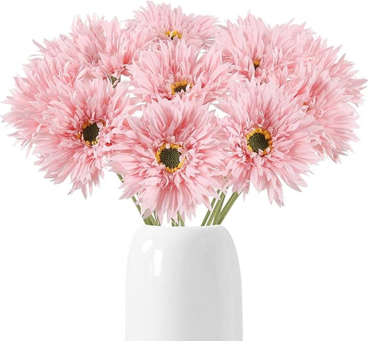 Gerbera Daisy Artificial Flowers 12pcs Pink Fake Silk Flowers Faux Daisies Bouquet with Stems for Wedding Bouquet Home Party Garden Outdoor Decoration(Pink)