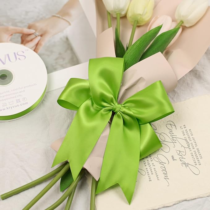 Apple Green Satin Ribbon, Double Faced 2 Inch X 25 Yards Apple Green Ribbon, Premium Satin Ribbon for Gift Wrapping, Crafts, Hair Bow Making, Sewing, Flower Bouquet, Wedding Party Decor