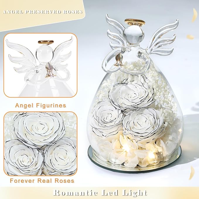 Beferr Christmas Birthday Gifts for Women, Mom Gifts for Christmas Fresh Flowers for Delivery Prime Forever Preserved Rose in Glass Angel, Xmas Gifts for Grandma Wife Sister Her, White Limited Edition