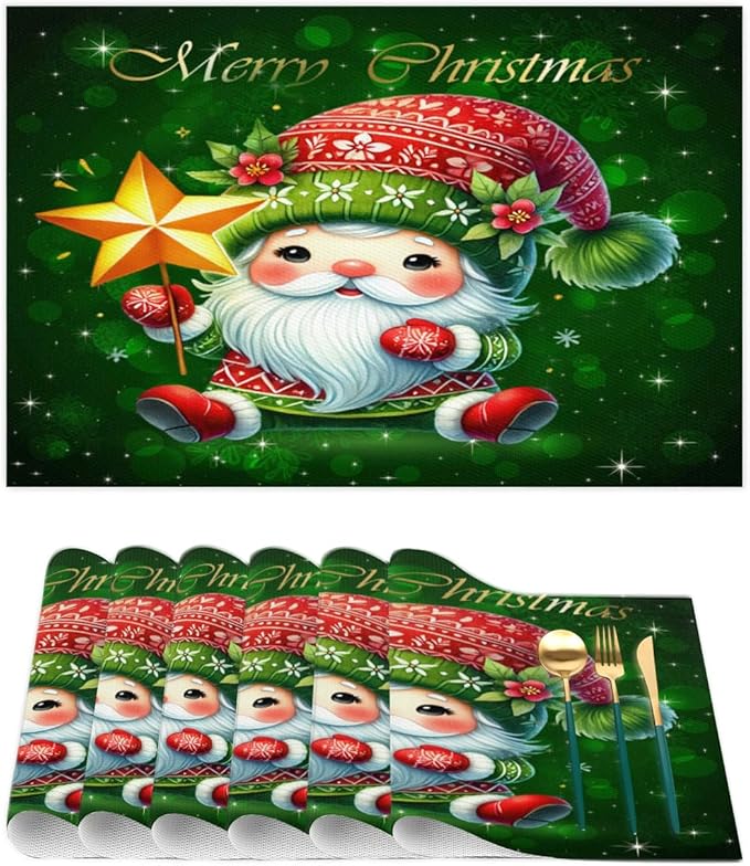 Xmas Christmas Green Santa Claus Placemats Set of 1 PVC Vinyl Non Slip Table Mats Heat Resistant Place Mats Washable Wipeable Dining Table Mat for Kitchen Decor Party Indoor Outdoor Decorative Gift