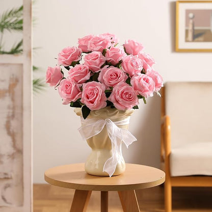 Kisflower 60 Pcs Pink Roses Artificial Flowers Bulk, Silk Roses with Stems Realistic Roses Artificial for Decoration DIY Wedding Bouquet Bridal Shower Party Home Table Centerpieces Decor (Pink)