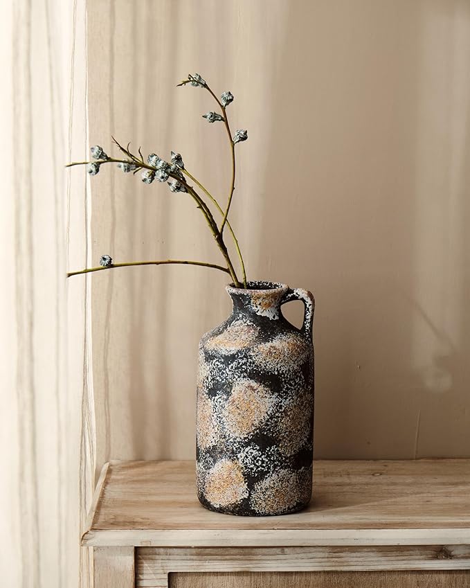Ceramic Rustic Vase for Decor - 10.2Inch Farmhouse Vases - Decorative Vase for Home Decor, Living Room, Table, Boho - Rust Black