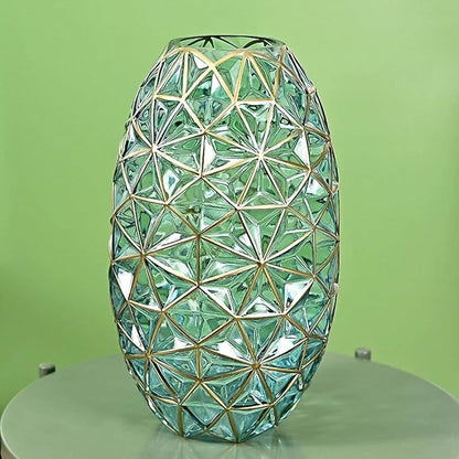 Hand Painted Gold and Green Diamond Shaped Glass Crystal Vase 13.6 inch Tall (Hand Painted Gold and Green)