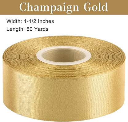 1-1/2 Inches 50 Yards Champaign Gold Satin Ribbon, Solid Fabric Ribbon Roll for Flower Bouquets, Gift Wrapping, Wedding, Handmade Crafts