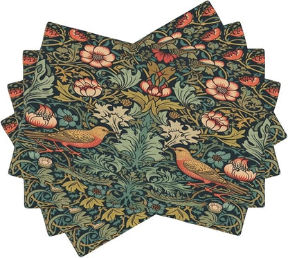 William Morris Placemats, Vintage Rustic Abstract Green Plants Flowers Nature Birds Print Washable Fabric Placemats Table Kitchen Dining Party 12x18 Inch Set of 4