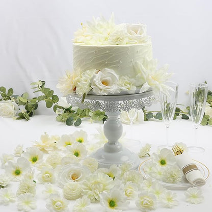 56 PCS Artificial Flower Heads White Bulk Fake Rose Peony Hydrangea Faux Flowers Small for Crafts Wedding Hair Cap Dresses Cake Baby Shower Decorations