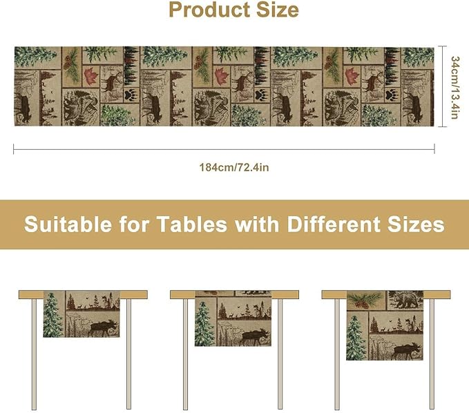 Rustic Cabin Table Runner, Farmhouse Deer Bear Retro Pine Forest Wooden Plank Wild Animal Seasonal Coffee Table Center Decor for Home Kitchen Dining Patio Holiday Party Table Decorations 13x36 inches