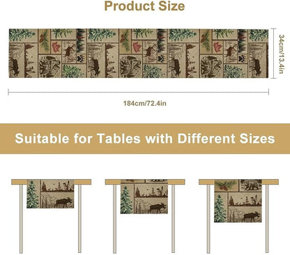 Rustic Cabin Table Runner, Farmhouse Deer Bear Retro Pine Forest Wooden Plank Wild Animal Seasonal Coffee Table Center Decor for Home Kitchen Dining Patio Holiday Party Table Decorations 13x72 inches
