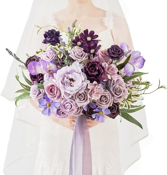 TINGE TIME 17 Inch Artificial Bridal Bouquet Realistic Silk Wedding Bouquet, Durable Fake Flowers for Brides, Bridesmaids, Home Decor, and Events (Lavender & Plum)