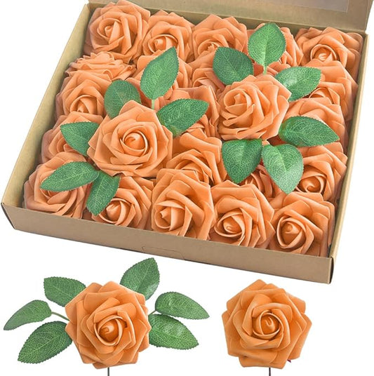 homEdge Artificial Rose, 25pcs Foam Artificial Flowers with Stem for Home Decorations, Wedding Bouquets, Party, Certerpieces, Anniversaries-Orange