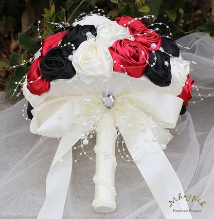 Bridal Wedding Bouquet Round Bling Brooch Bouquet Throw Toss Artificial Rose Flower Bunch for Bride Bridesmaid Wedding Quinceanera(Ruby Red, Black & Ivory, 7.5")