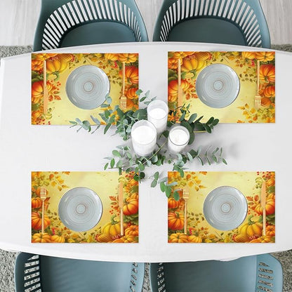 Thanksgiving Fall Yellow Pumpkin Placemats Set of 4 PVC Vinyl Non Slip Table Mats Heat Resistant Place Mats Washable Wipeable Dining Table Mat for Kitchen Decor Party Indoor Outdoor Decorative Gift